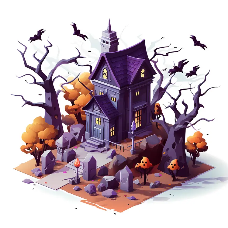 Haunted House with Bats and Trees