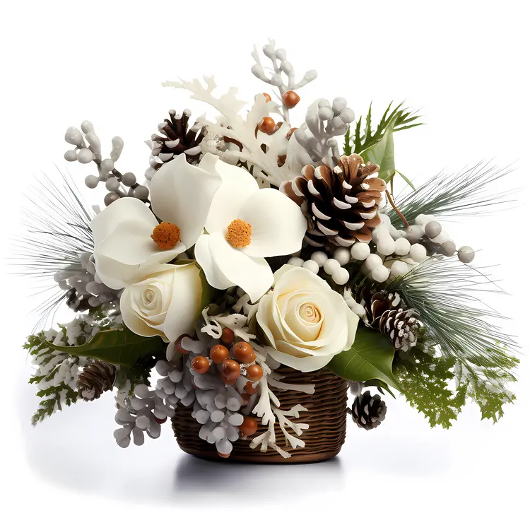 Winter White Flower Bouquet with Pinecones