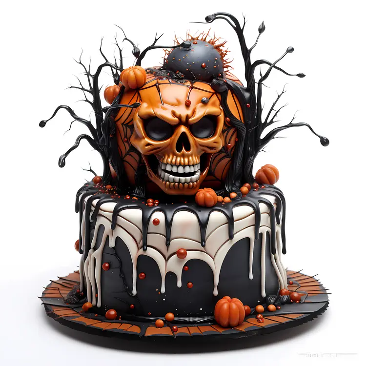 Terrifying Halloween Cake with Skull and Pumpkins