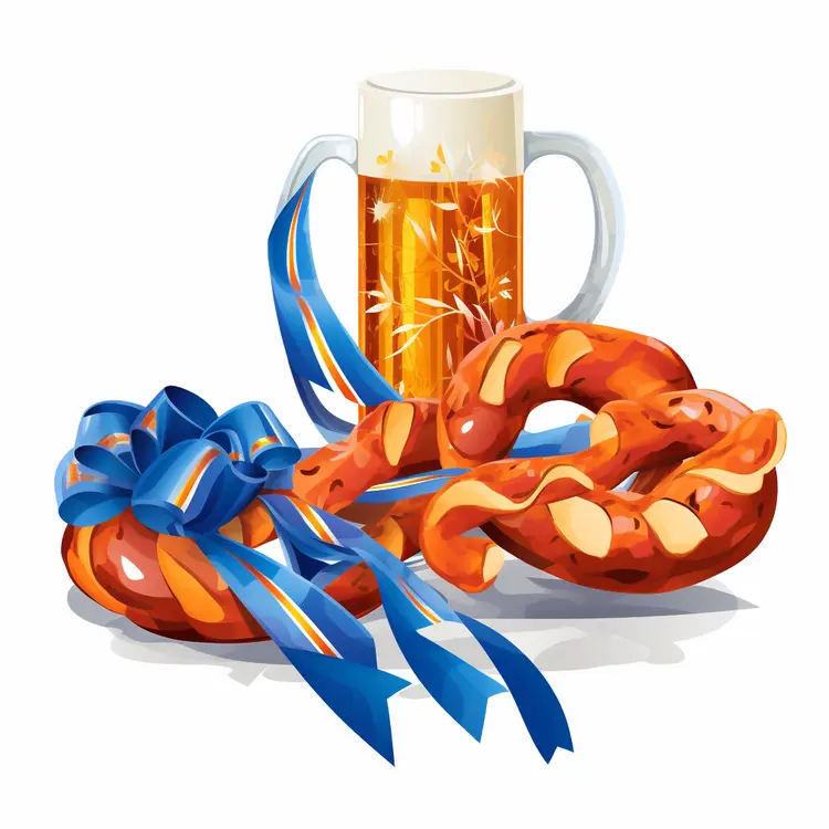 Beer Mug and Pretzels with Blue Ribbons for Oktoberfest Celebration