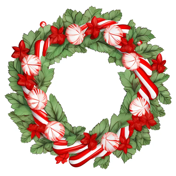 Festive Christmas Wreath with Red Ribbons and Green Leaves