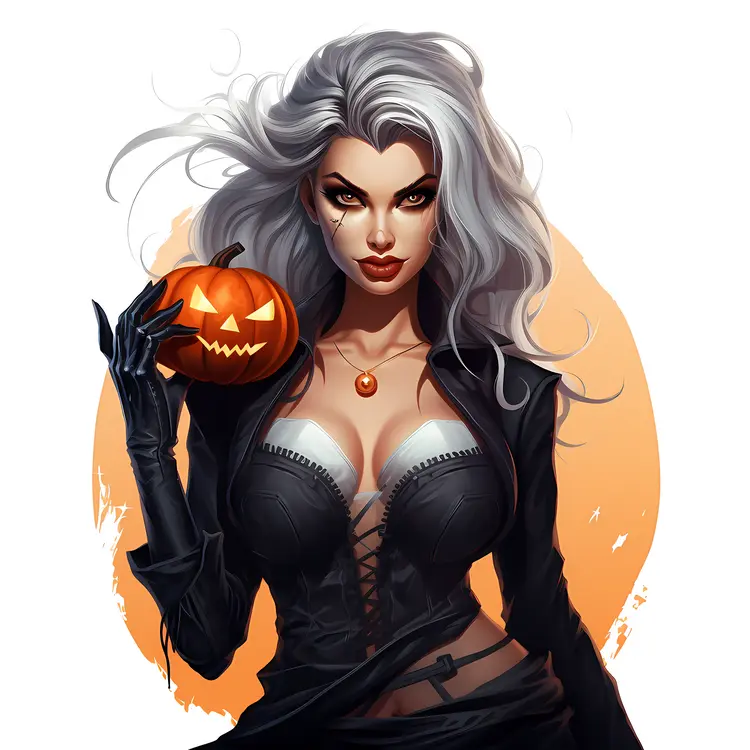 Woman with White Hair Holding Pumpkin