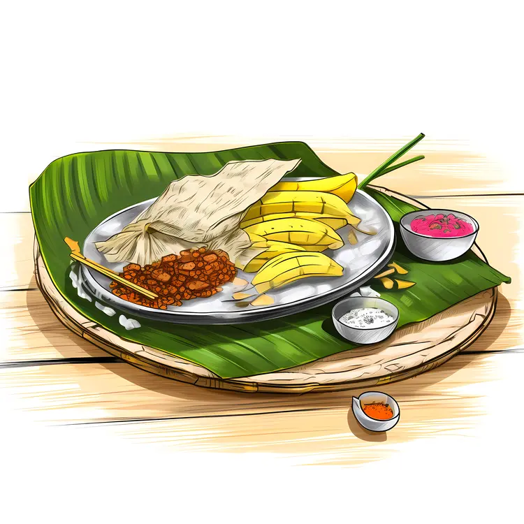 Traditional Meal on Banana Leaf with Rice and Sauce