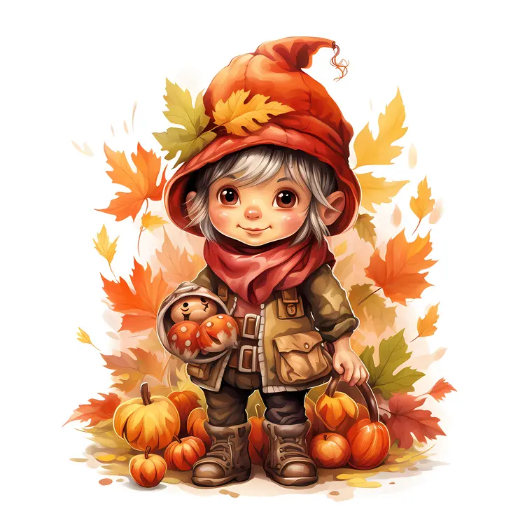 Cute Autumn Elf with Pumpkins