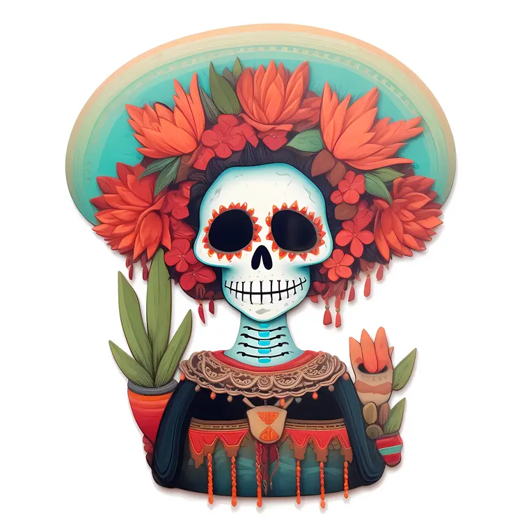 Colorful Skull with Flowers for Day of the Dead Celebration