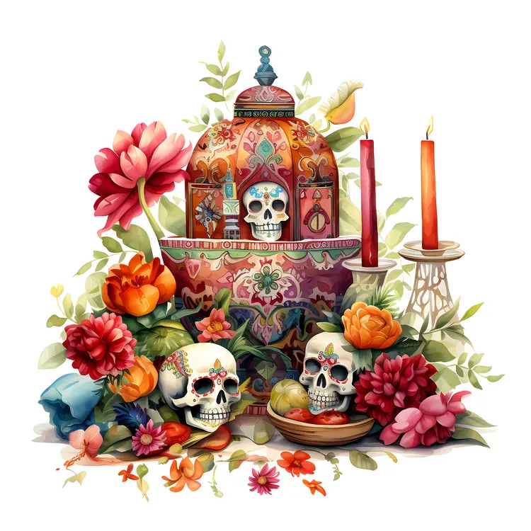 Colorful Skulls and Flowers for Day of the Dead