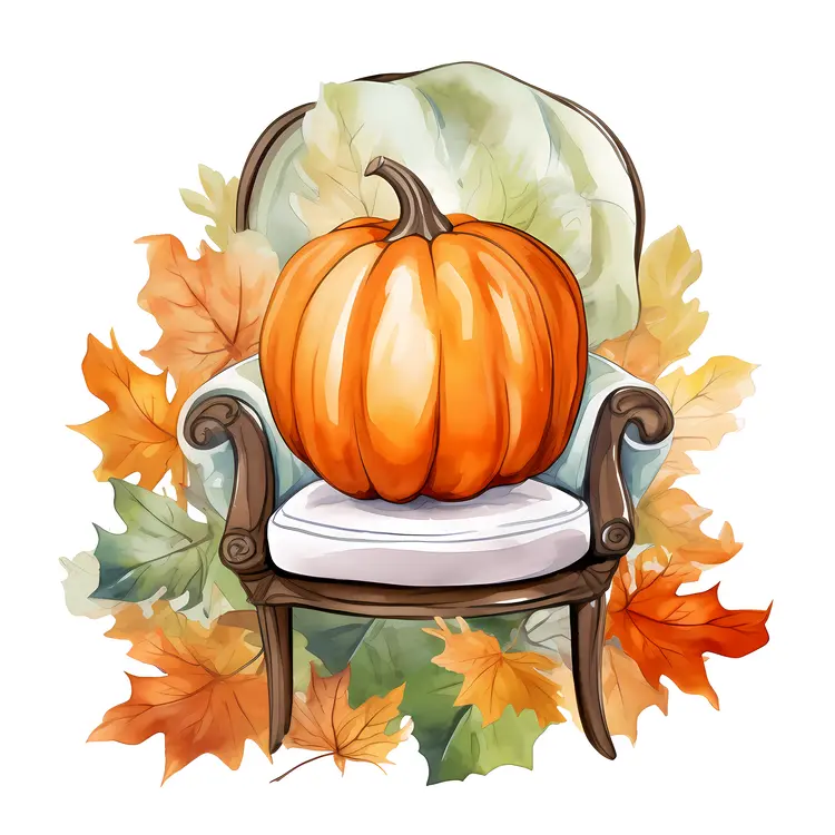 Pumpkin on Vintage Chair with Autumn Leaves for Halloween