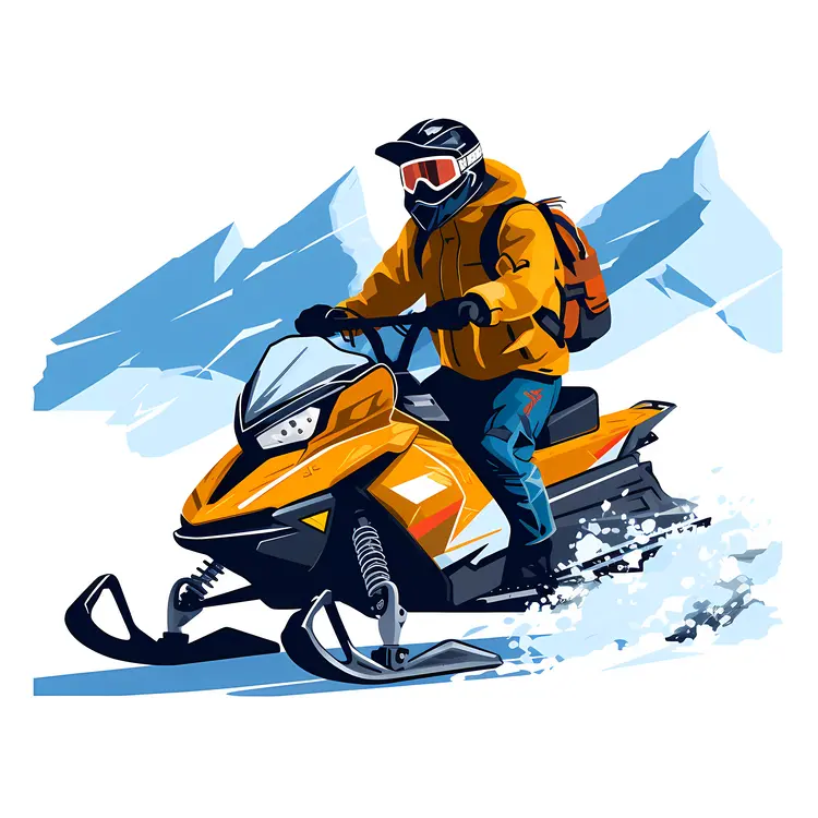 Snowmobile in Yellow Gliding Through Snowy Mountains