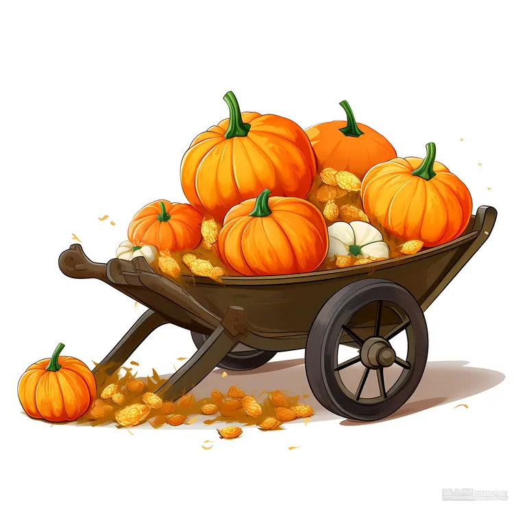 Pumpkins in Wooden Wheelbarrow with Leaves