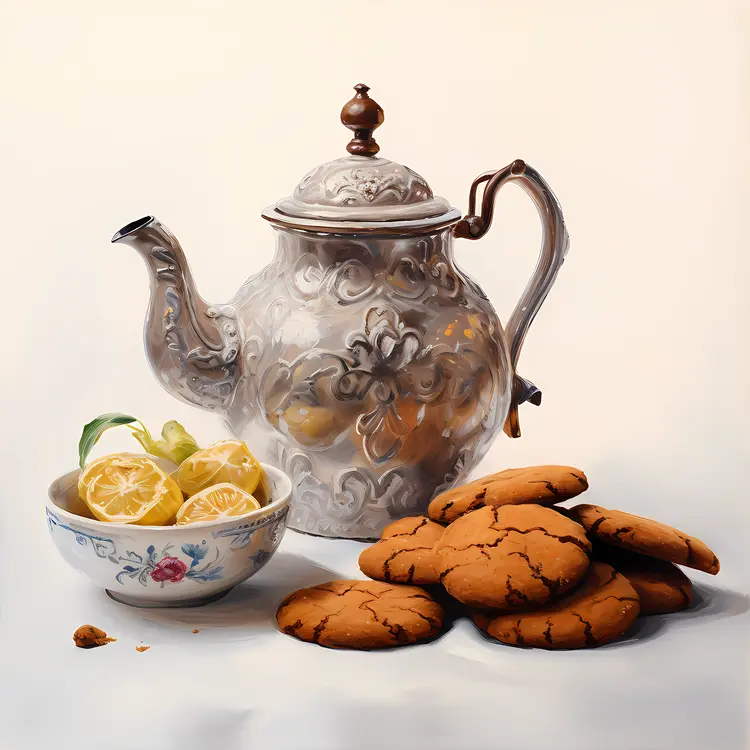 Teapot with Lemon Slices and Cookies