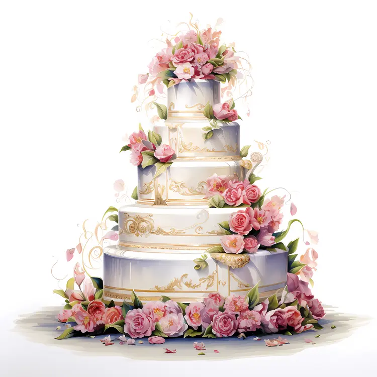 Charming Floral White and Gold Wedding Cake