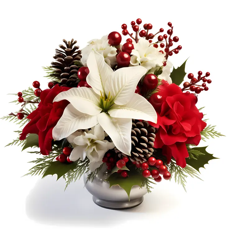 Christmas Floral Centerpiece with Red and White Flowers and Pinecones