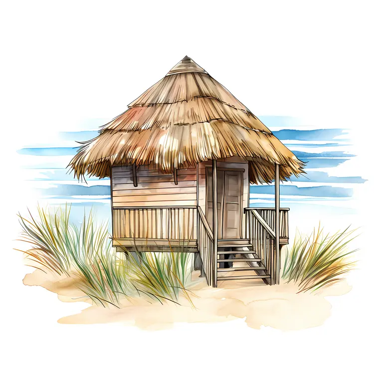 Small cute beach hut with thatched roof and wooden stairs