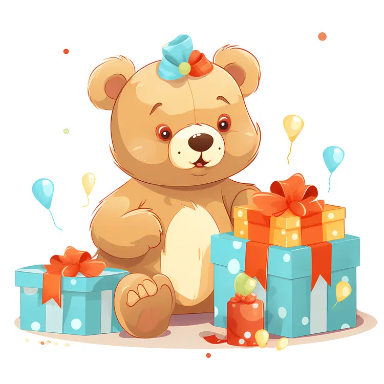 Cute Teddy Bear with Birthday Gifts and Balloons