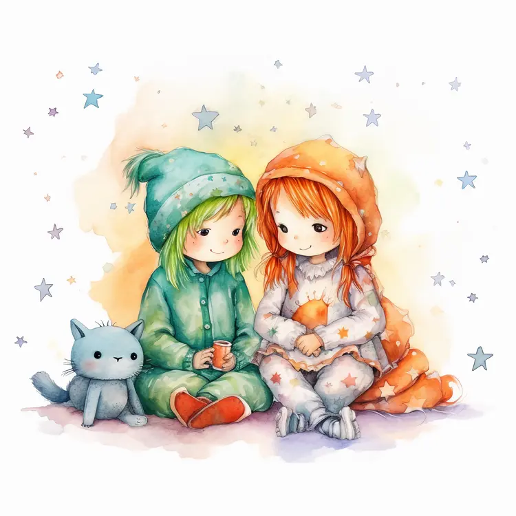 Cute Children in Pajamas with Stuffed Toy