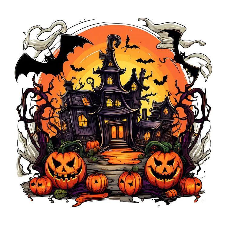 Spooky Haunted House with Pumpkins and Bats