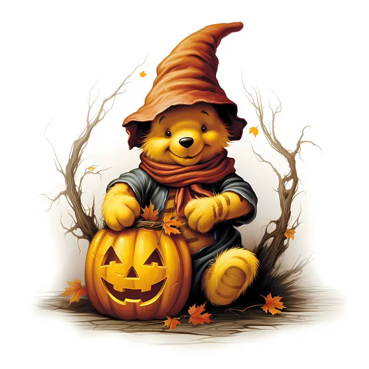 Yellow Bear in Witch Costume with Pumpkin in Spooky Forest