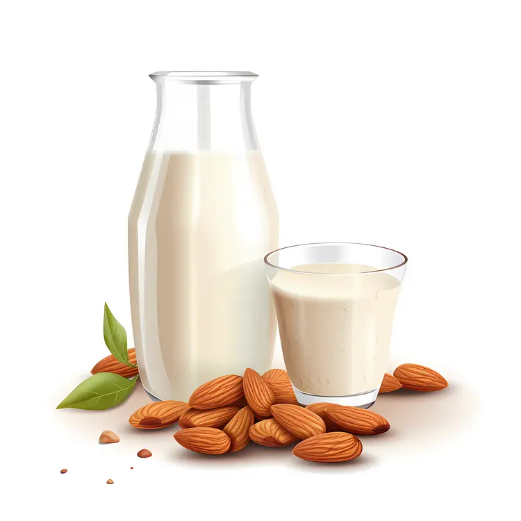 Bottle and Glass of Almond Milk with Almonds
