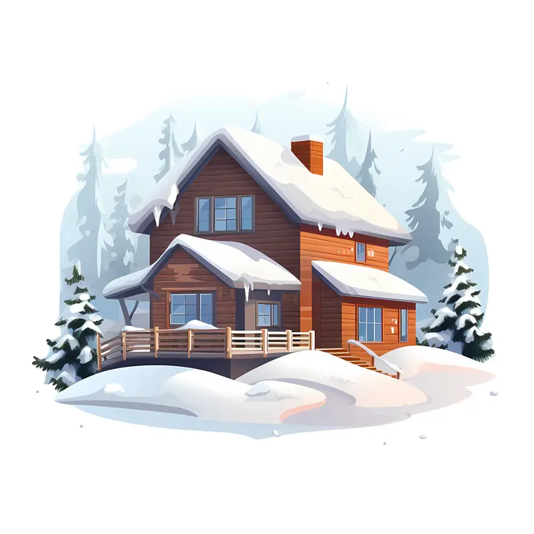 Wooden Snowy House with Trees
