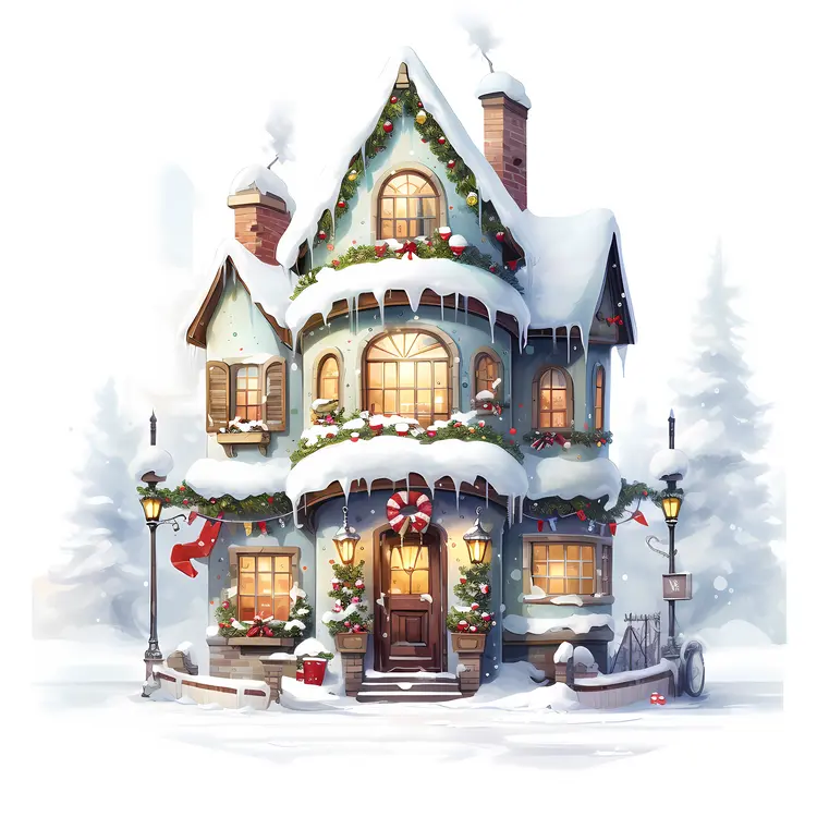 Snowy House with Christmas Decorations