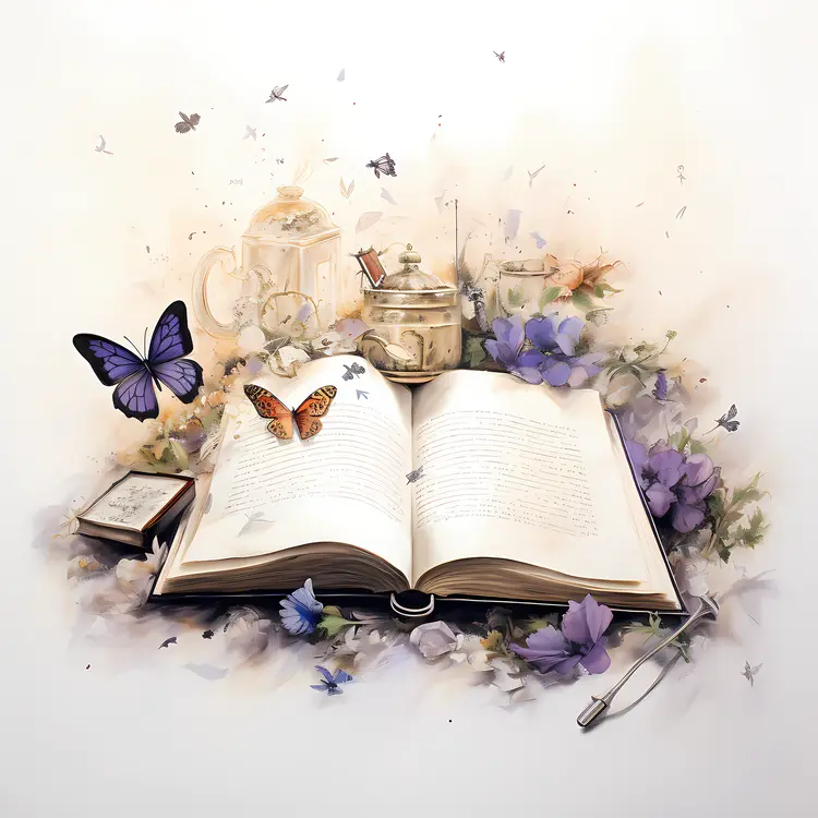 Open Book with Butterflies and Tea Set