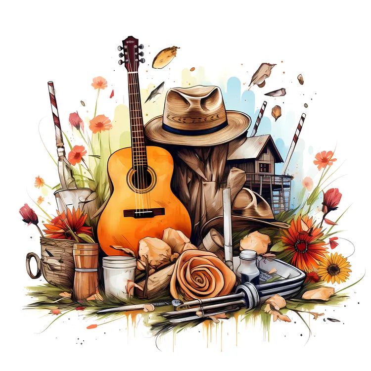 Guitar with Hat and Rural Elements