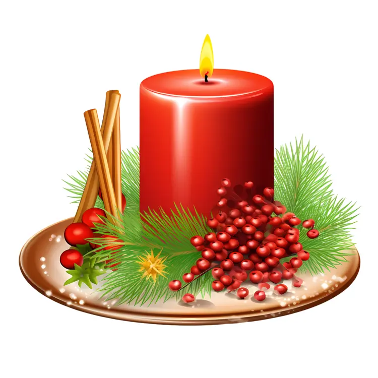Red Candle with Cinnamon Sticks and Berries