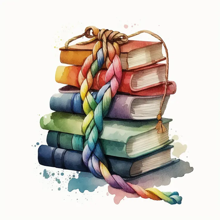 Colorful Stack of Books with Braided Rope