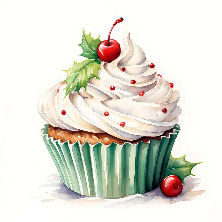 Christmas Cupcake with White Frosting and Green Wrapper