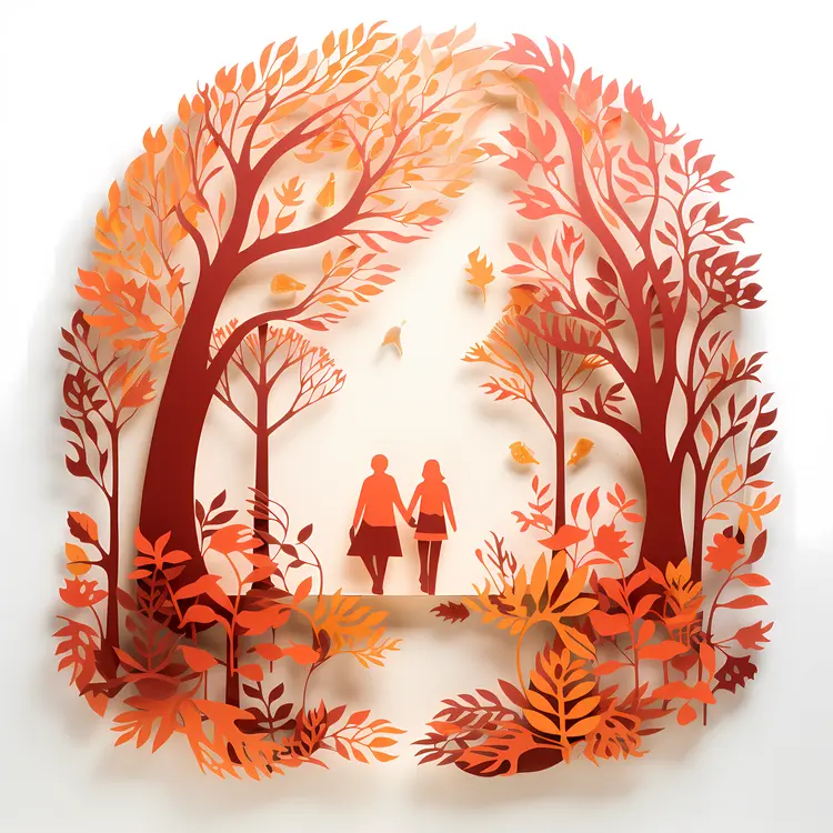 Paper Art of Couple Walking in Autumn