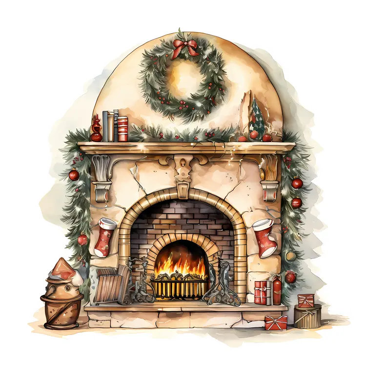 Christmas Fireplace with Wreath and Stockings