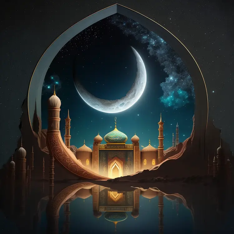 Beautiful Mosque with Crescent Moon at Night