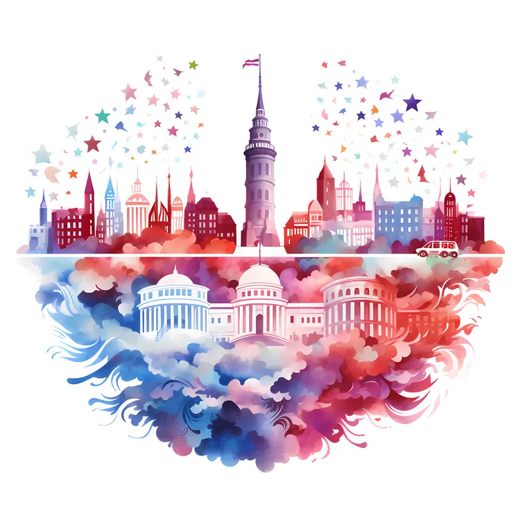 Colorful Cityscape with Tower and Stars