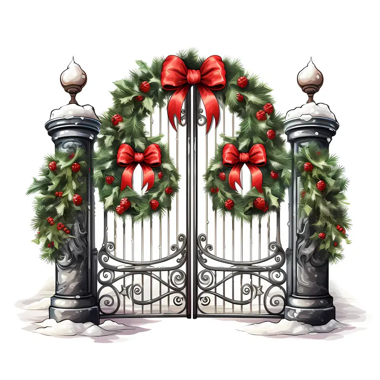 Christmas Gate with Wreath and Red Bows
