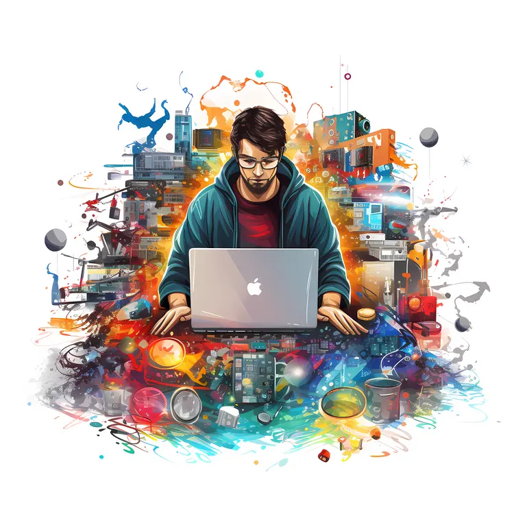 Man with Laptop and Various Gadgets
