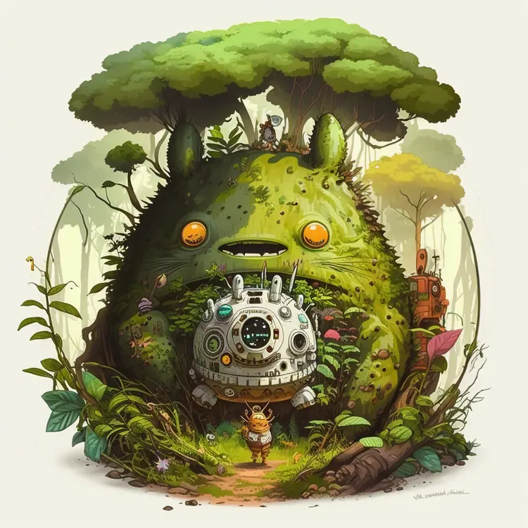 Whimsical Forest Creature with Robot in Enchanted Forest