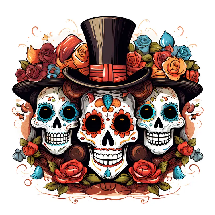 Three Sugar Skulls with Top Hat and Roses
