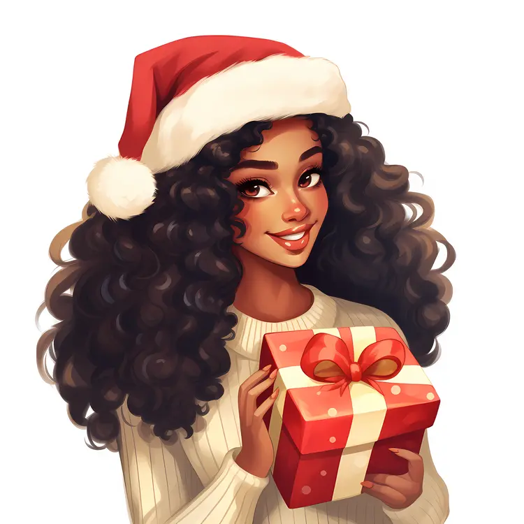 Smiling Girl with Santa Hat and Gift