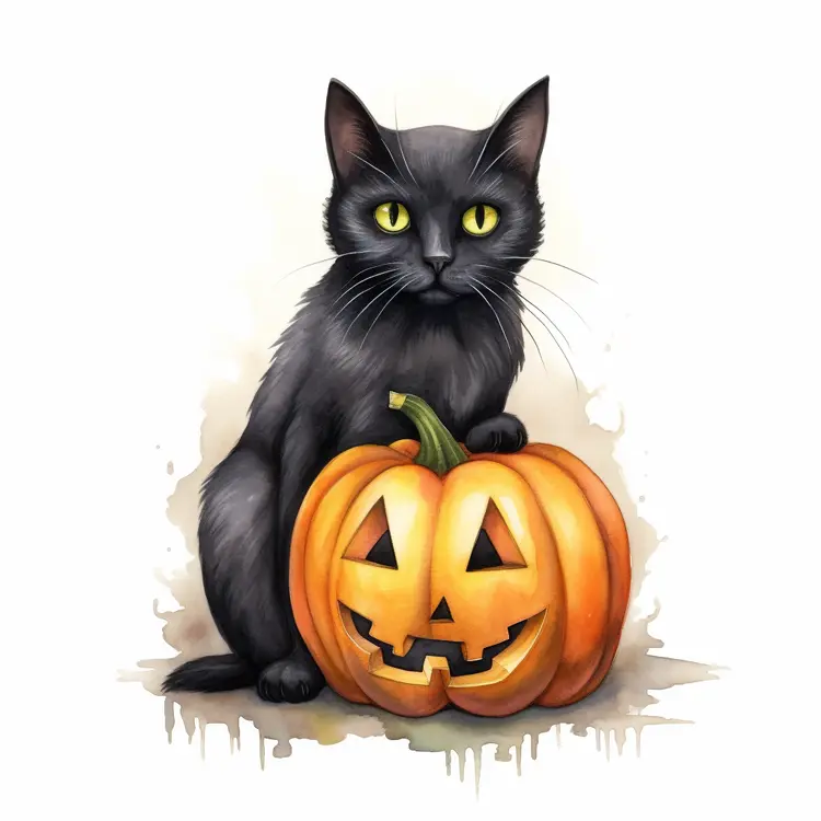 Black Cat with Halloween Pumpkin