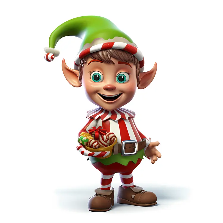 Excited Elf with Candy in Green and Red Outfit