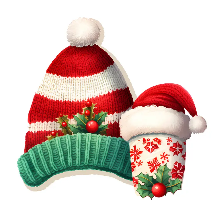 Red and White Knit Hat with Holly