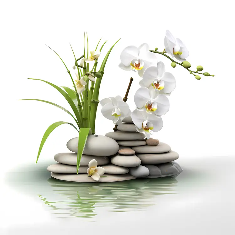 White Orchids and Stones in Zen Arrangement