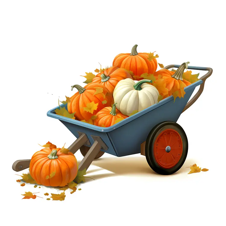 Pumpkins in Blue Wheelbarrow with Leaves