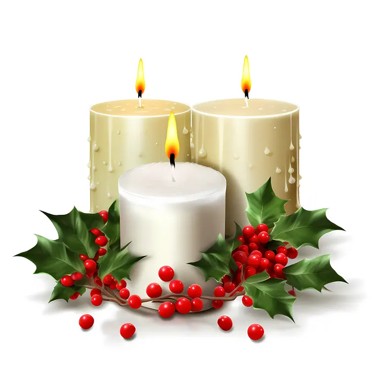 White Candles with Holly Leaves and Red Berries