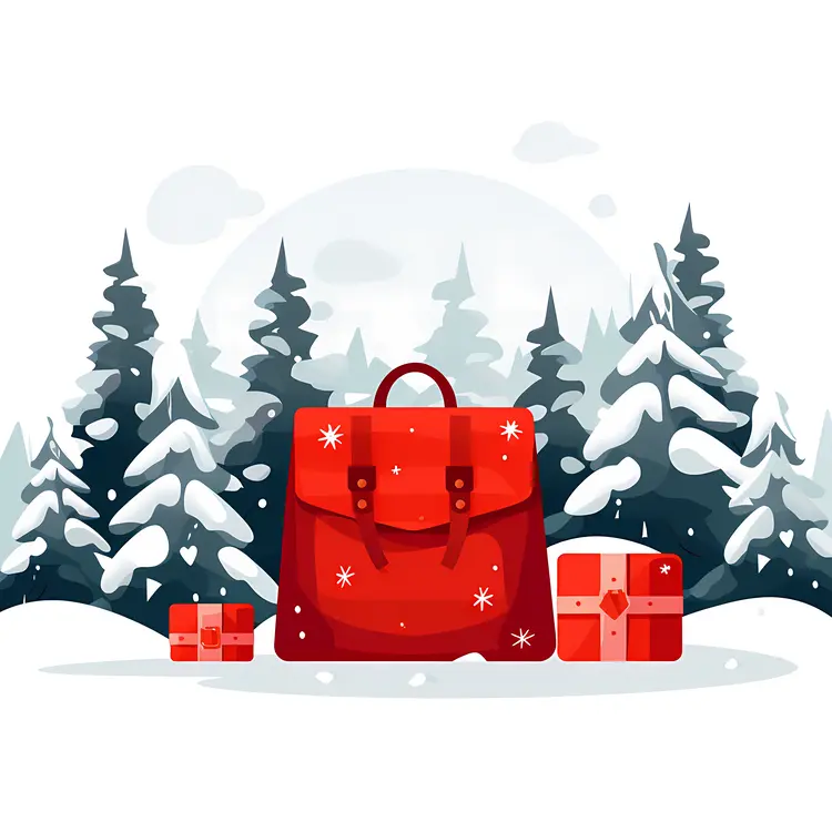 Red Bag and Gifts in Snowy Forest