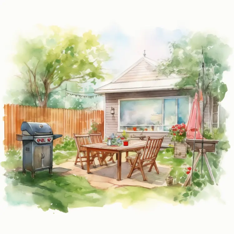 Cozy Backyard with Garden Furniture and Barbecue Grill