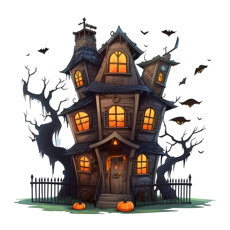 Spooky Haunted House with Pumpkins and Bats