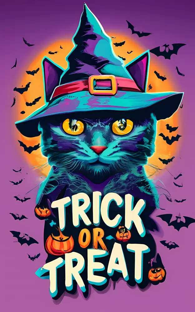 Black Cat in Witch Hat with Trick or Treat Text
