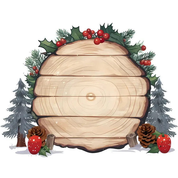 Christmas Wooden Sign with Holly and Pinecones