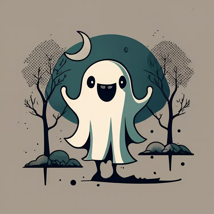 Cheerful Ghost under the Moon in a Spooky Forest